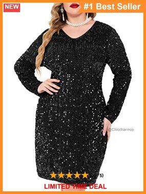 Plus Size Sequin V Neck Long Sleeve Bodycon Cocktail Party Dress